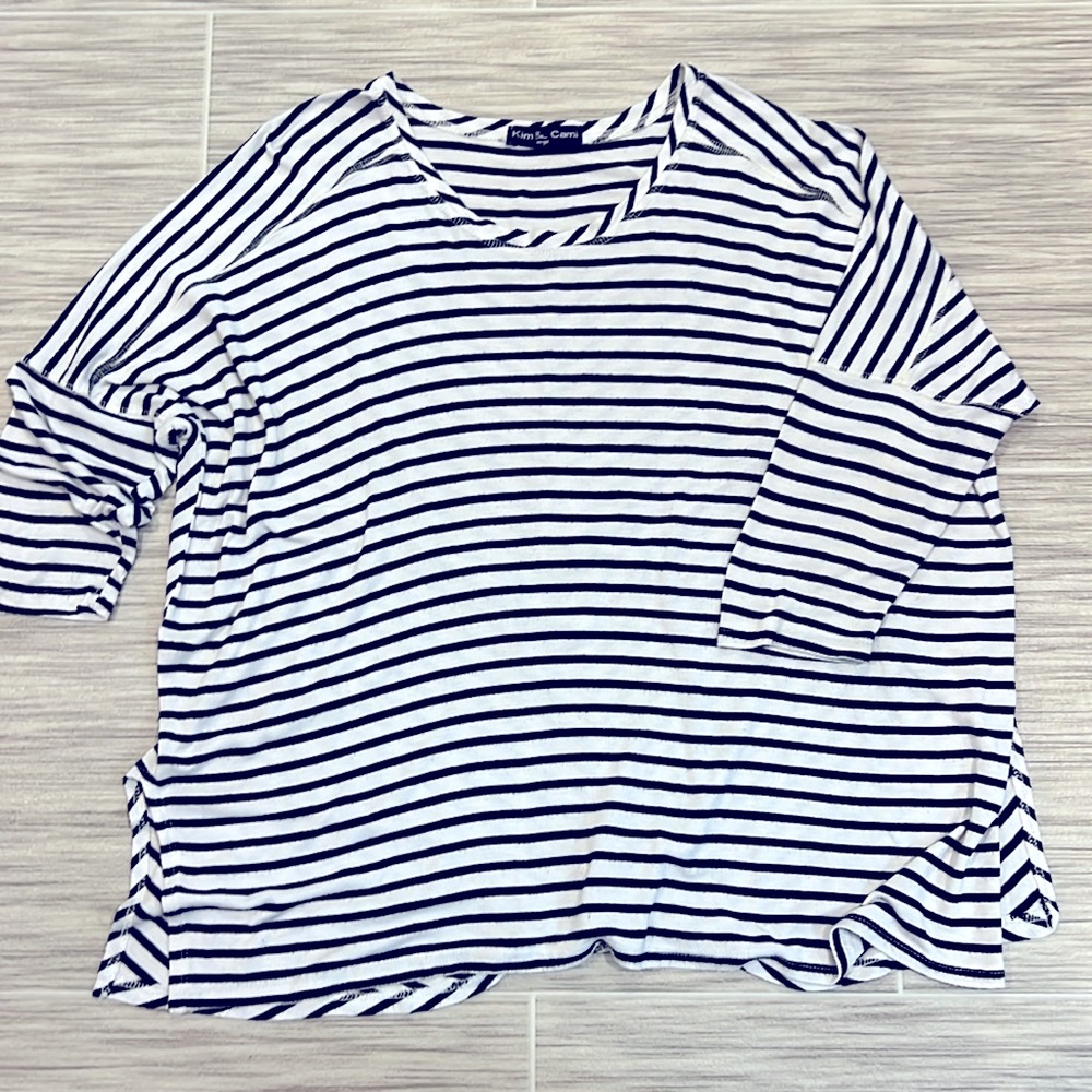 Kim & Cami Striped High Low 3/4 Sleeve Crew Neck Top - 1135